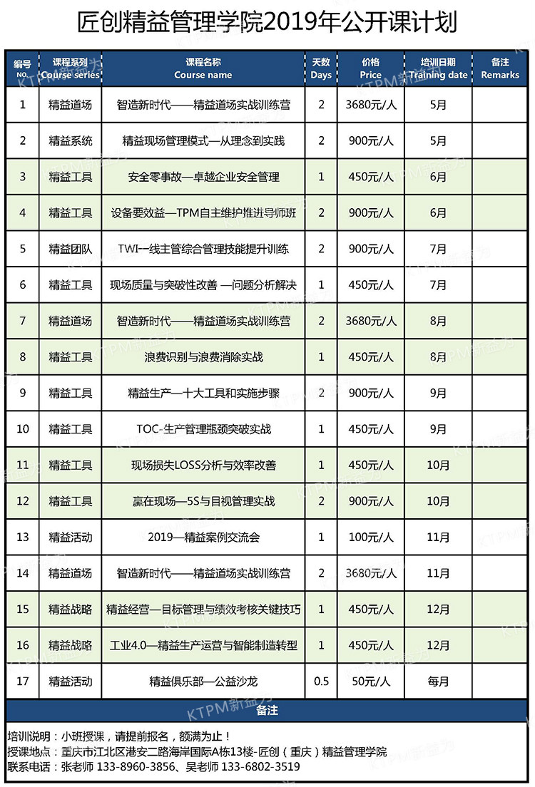 匠創(chuàng)（重慶）精益管理學(xué)院2019年公開課計(jì)劃